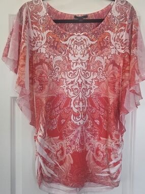Espresso Coral Pink Sheer Overlay Tunic Top, Large